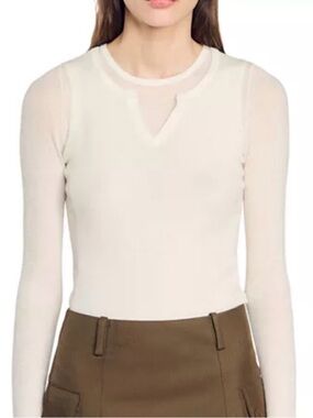 Sandro 100% wool Cream V-Notch Ribbed Long-Sleeve Sweater